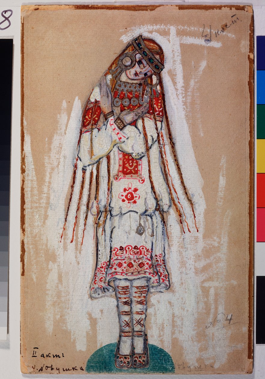 Kostium dla postaci kobiecej z baletu „Święto wiosny” Igora Strawińskiego (1882-1971). Praca Nicolasa (Mikołaja) Roericha (1874-1947), gwasz na tekturze autorstwa Nicholas Roerich