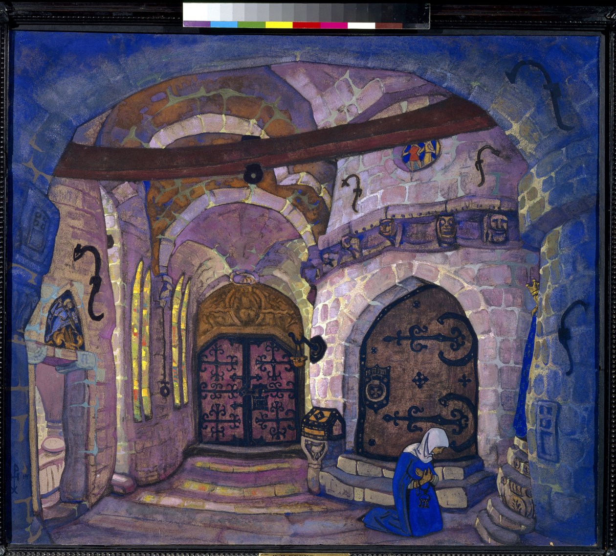 W klasztorze. Dekoracja przygotowawcza do opery Soeur Beatrice A. Davydova. Praca Mikołaja Roericha (1874-1947), tempera na tekturze autorstwa Nicholas Roerich
