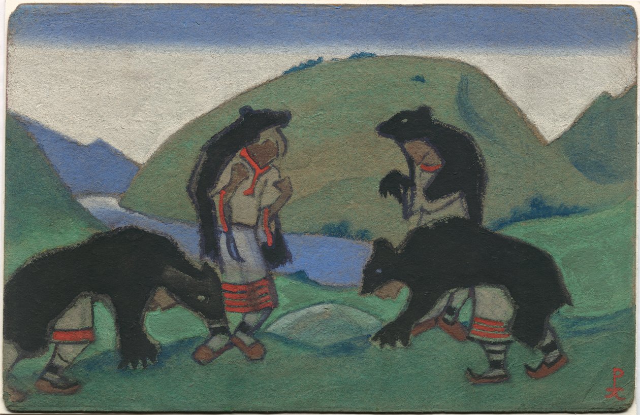 Starsi w niedźwiedzich skórach, dekoracje i kostiumy do baletu Strawińskiego „Le Sacre du Printemps”, 1944 autorstwa Nicholas Roerich