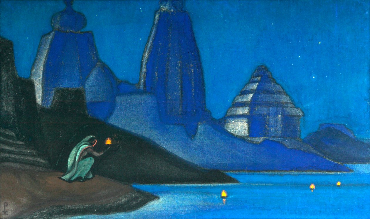 Płomień szczęścia zapala się nad Gangesem, 1947. autorstwa Nicholas Roerich
