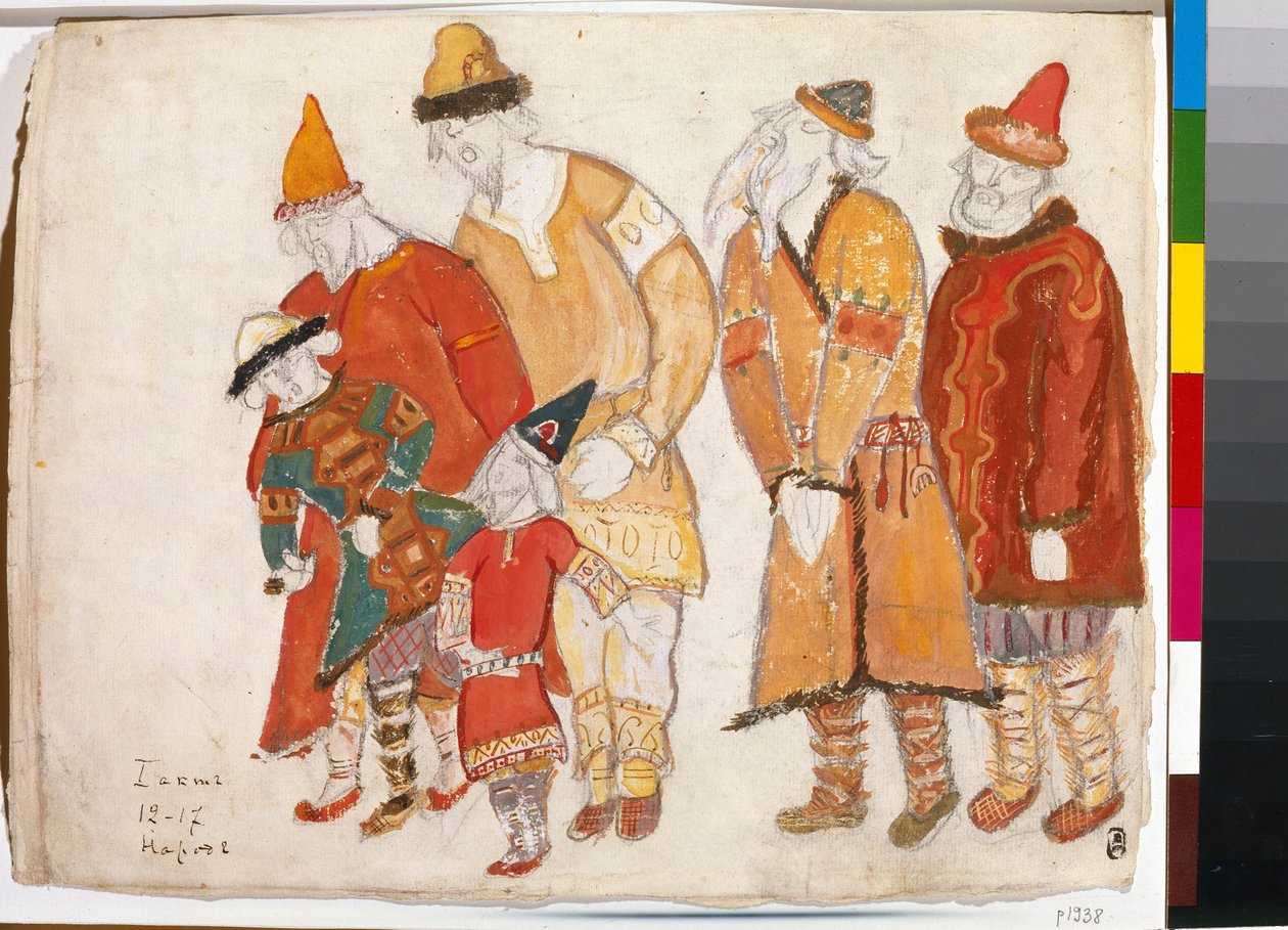 Ludzie ludu. Kostiumy do opery „Książę Igor” Aleksandra Borodina (Borodina) (1833-1887). Praca Nicolasa (Nicholasa) Roericha (1874-1947), akwarela i gwasz na papierze autorstwa Nicholas Roerich