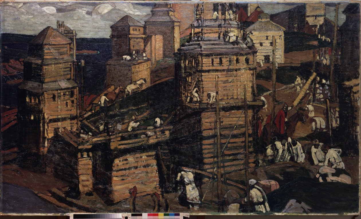 Budowanie miasta. (Budowa miasta). (dla społeczności wiejskiej na Ukrainie). Obraz Mikołaja Roericha (1874-1947), olej na płótnie autorstwa Nicholas Roerich