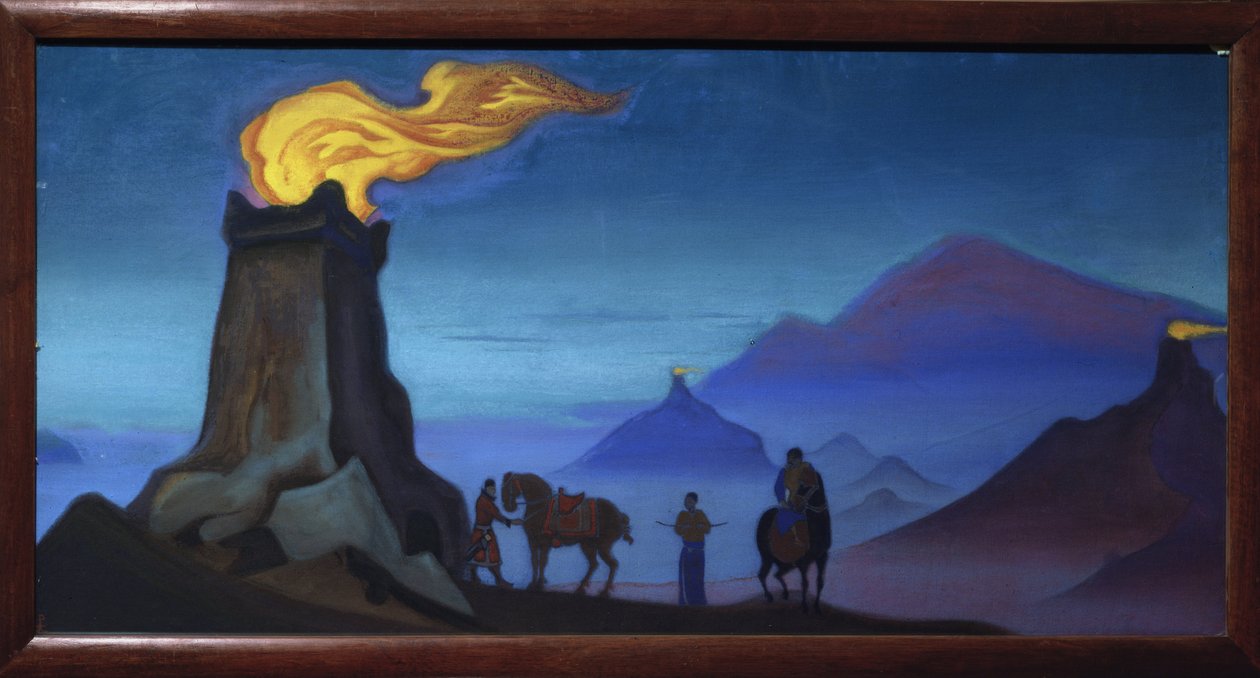 Płomienie zwycięstwa. (Sylwetki jeźdźców w Himalajach, wieczór). Praca Mikołaja Roericha (1874-1947), tempera na płótnie autorstwa Nicholas Roerich