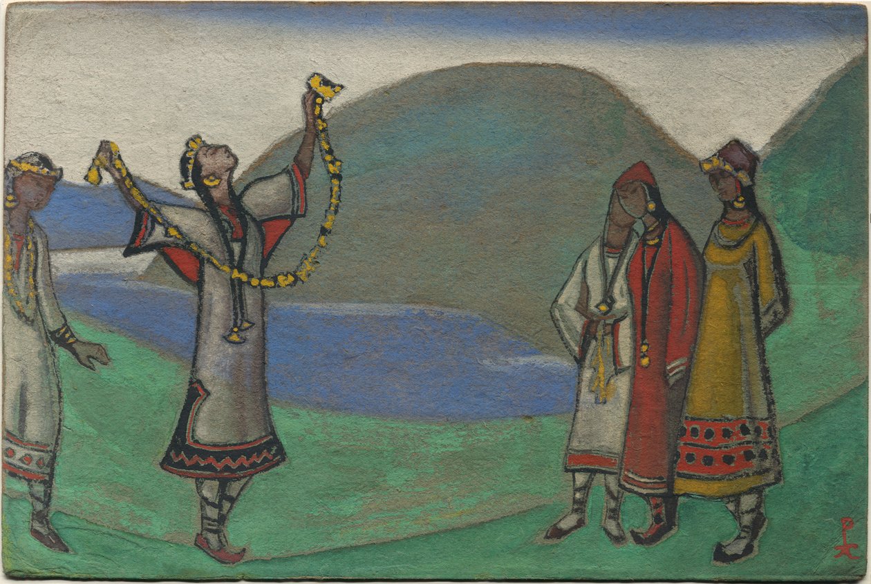 Panny, projekty dekoracji i kostiumów do baletu Strawińskiego „Le Sacre du Printemps”, 1944 autorstwa Nicholas Roerich