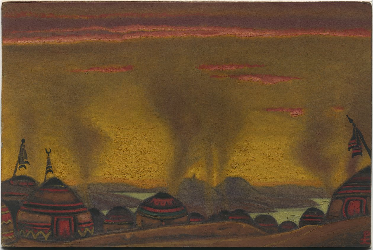 Obóz Połowiecki, wystrój „Tańce połowieckie” z opery Borodina „Książę Igor”, 1943 autorstwa Nicholas Roerich