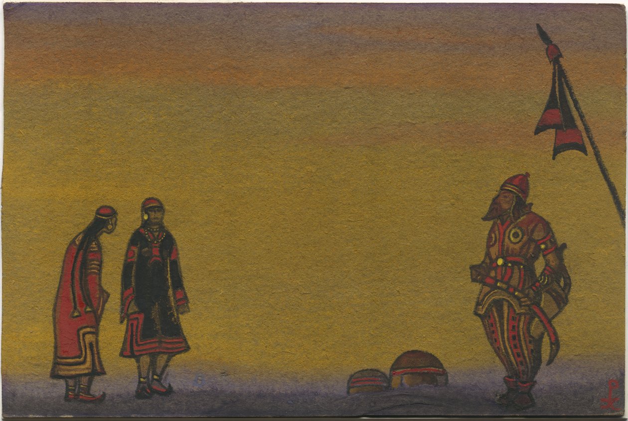 Połowcy, Połowcy i Panny, projekt kostiumów do „Tańców połowieckich” z opery Borodina „Książę Igor”, 1943 autorstwa Nicholas Roerich