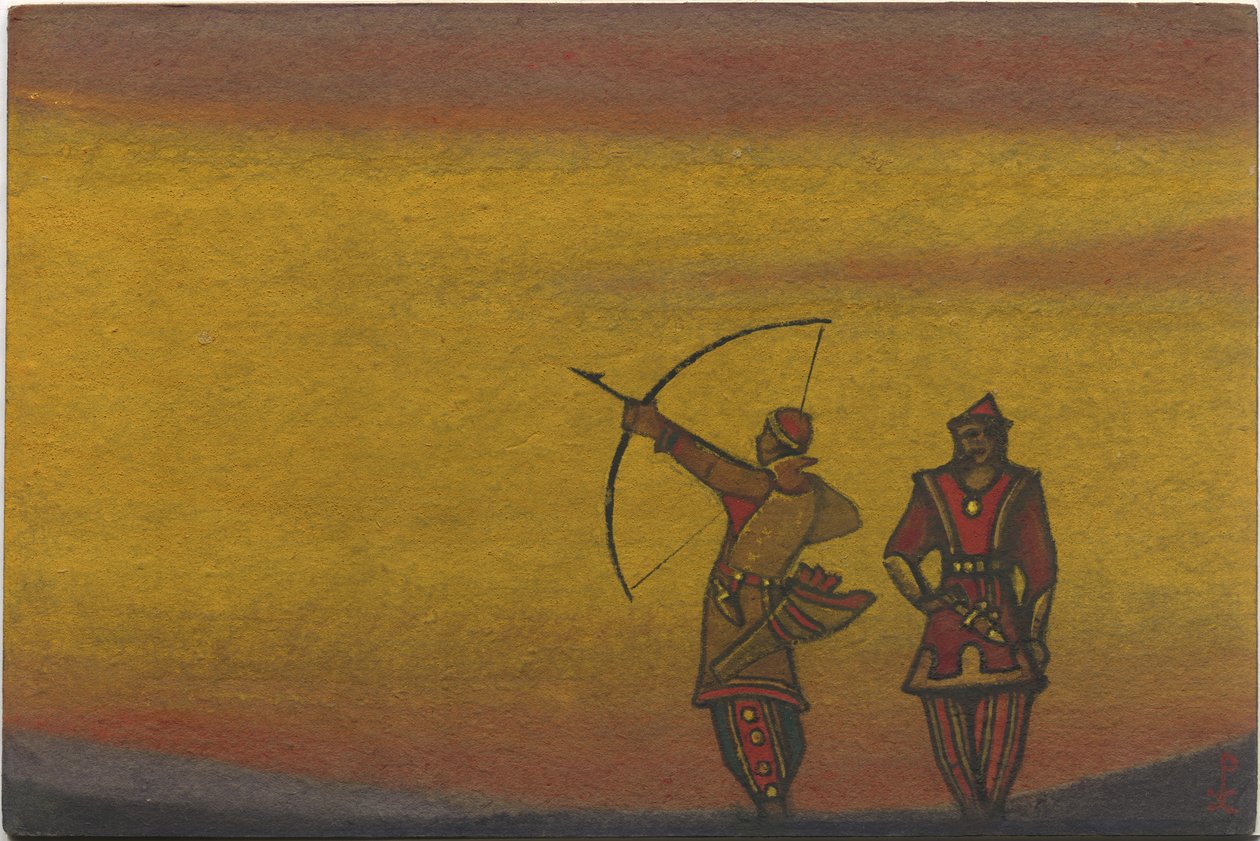 Połowcy, jeden z kokardą, projekt kostiumów do „Tańców połowieckich” z opery Borodina „Książę Igor”, 1943 autorstwa Nicholas Roerich
