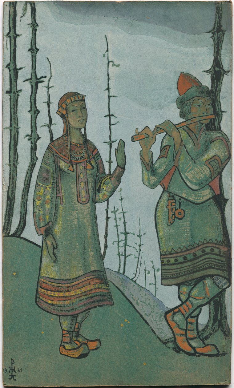 Snegurochka i Lel, projekt kostiumów do opery Rimskiego-Korsakowa „Snegurochka”, 1921 autorstwa Nicholas Roerich