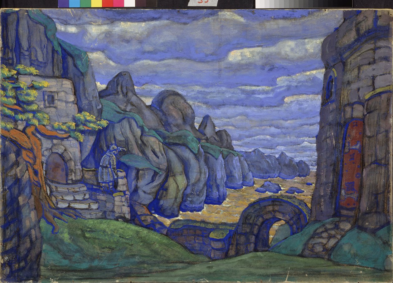 Wieś nad morzem Dekoracja przygotowawcza do opery Tristan i Izolda Ryszarda Wagnera (1813-1883). Praca Mikołaja Roericha (1874-1947), gwasz i tempera na tekturze autorstwa Nicholas Roerich