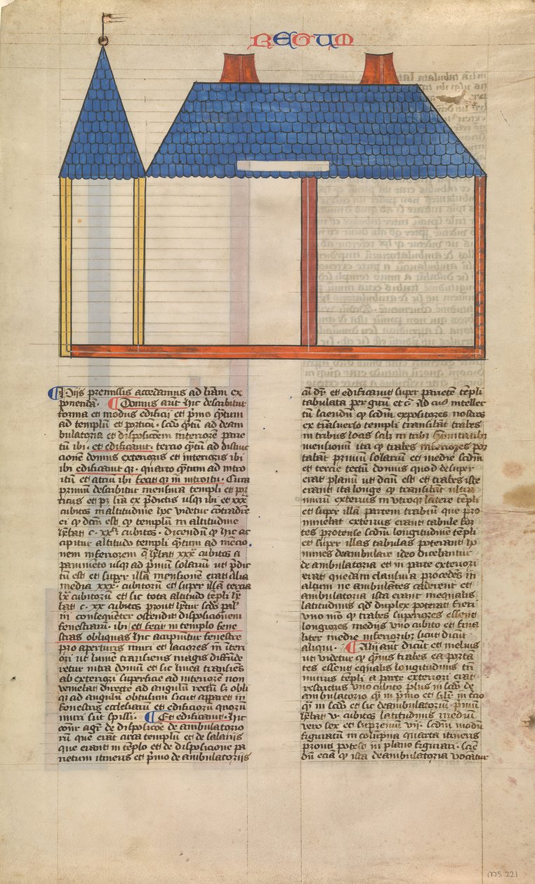 Elewacja Świątyni Salomona, jedna z sześciu ilustrowanych kart z Postilli..., ca. 1360-1380. autorstwa Nicholas of Lyra