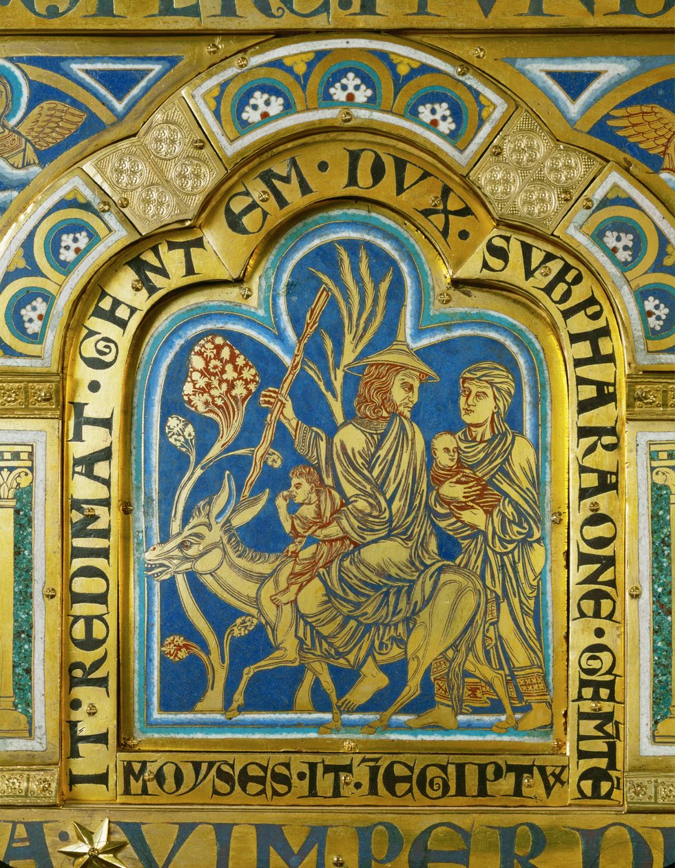 Mojżesz powraca do Egiptu z żoną Zipporą i dwoma synami ... (emalia na złoconej miedzi) autorstwa Nicholas of Verdun