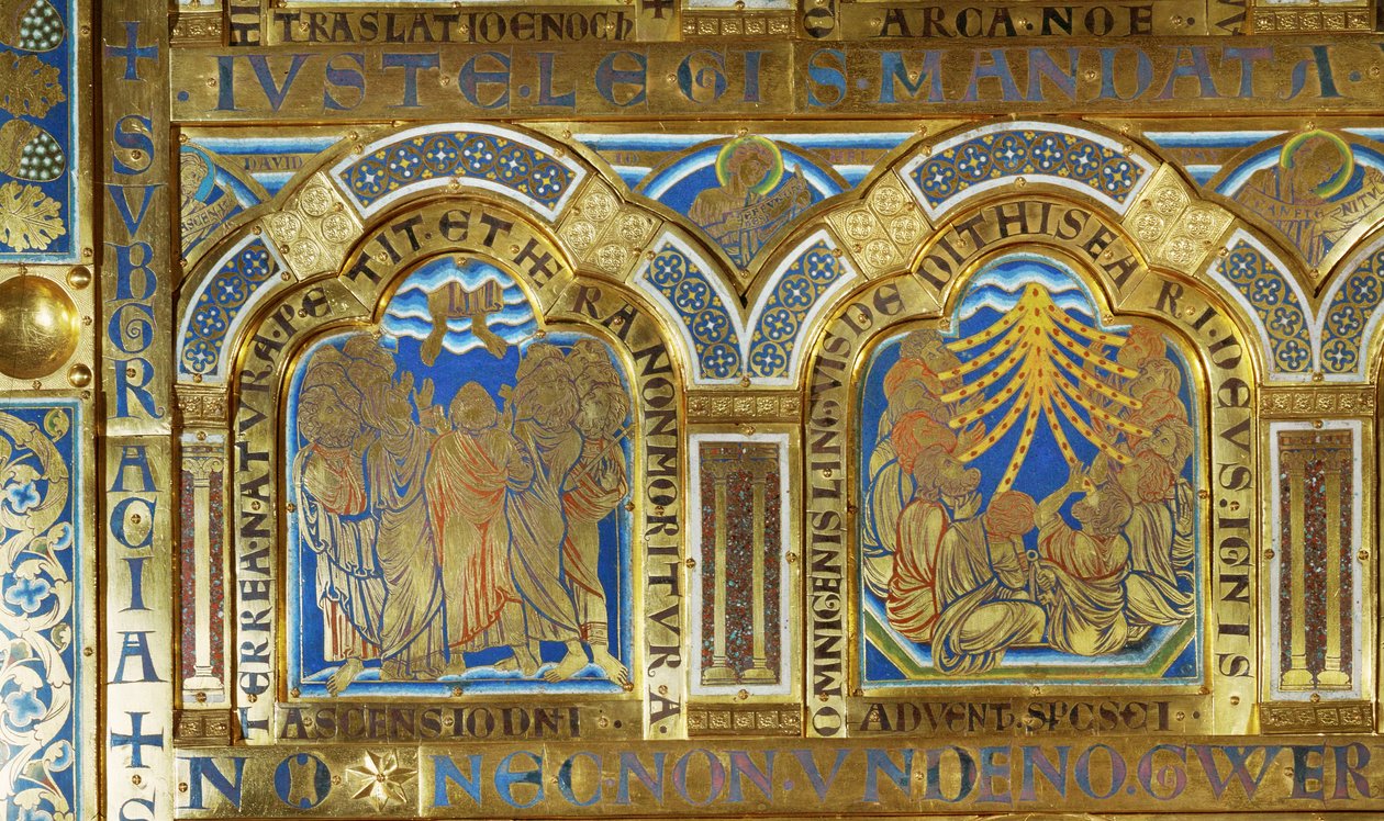 Ołtarz Verdun. Po lewej: Wniebowstąpienie Chrystusa; ... (emaliowana tablica w technice champsleve na złoconej miedzi) autorstwa Nicholas of Verdun