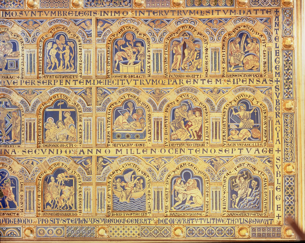 Ołtarz Verdun, przedstawiający sceny biblijne, 1181 (szkliwo emaliowane) (prawa część środkowego panelu) (inne panele zob. 146819, 146820 i 146822) autorstwa Nicholas of Verdun