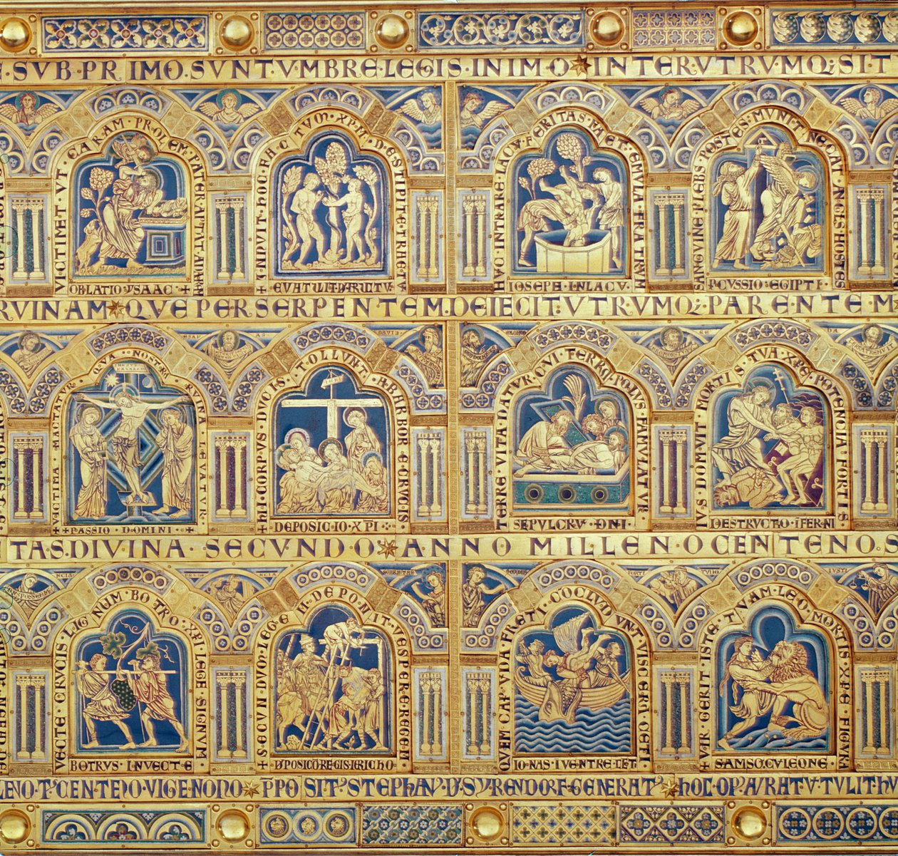 Ołtarz z Verdun, detal dekoracyjnych paneli przedstawiających sceny biblijne, emalia szamotowa z 1181 r. autorstwa Nicholas of Verdun