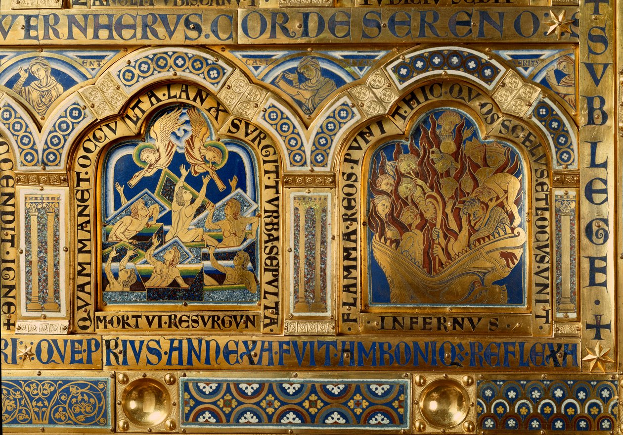 Ołtarz Verdun wykonany w złocie i enamaille przez Nicolasa de Verdun (ok.1130/50-1205): sceny ze Starego i Nowego Testamentu: szczegół przedstawiający zmarłych opuszczających swój grób w Dzień Sądu Ostatecznego i potępienie płonące w płomieniach z piekła.  autorstwa Nicholas of Verdun