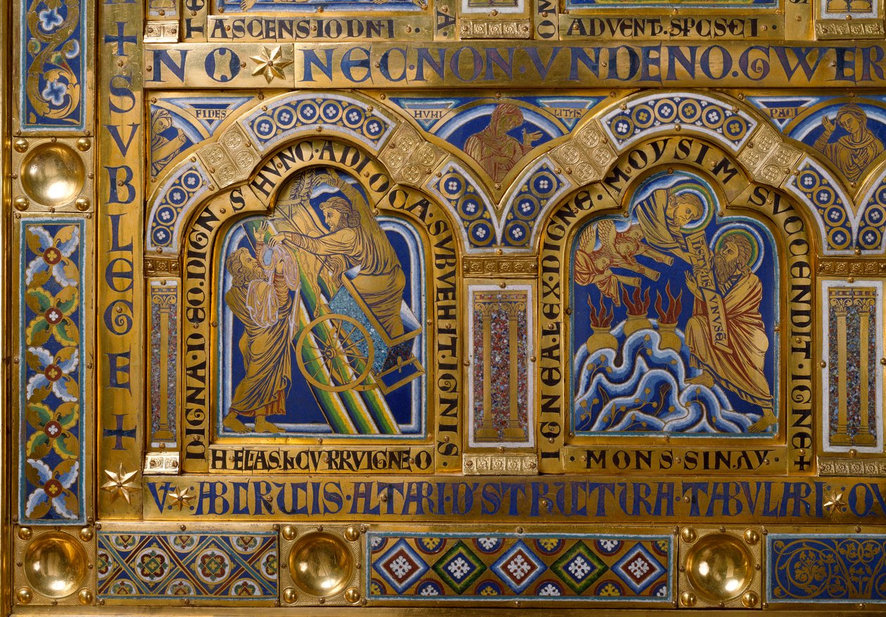 Ołtarz Verdun wykonany w złocie i enamaille przez Nicolasa de Verdun (ok. 1130/50-1205): sceny ze Starego i Nowego Testamentu: szczegół przedstawiający Wniebowstąpienie Eliasza i Mojżesza otrzymującego Tablice Prawa. XII-wieczny Klosterneuburg Wiedeń, Aust autorstwa Nicholas of Verdun