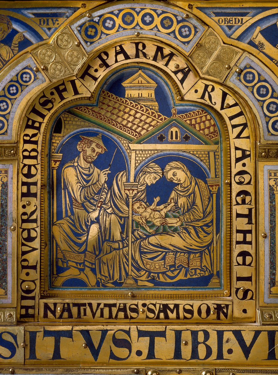 Ołtarz Verdun wykonany ze złota i emalii przez Nicolasa de Verdun (ok. 1130/50-1205): sceny ze Starego i Nowego Testamentu: szczegół przedstawiający narodziny Samsona. XII wiek Klosterneuburg Wiedeń, Austria - Ołtarz Verdun, emalia na złoconej miedzi, auto autorstwa Nicholas of Verdun