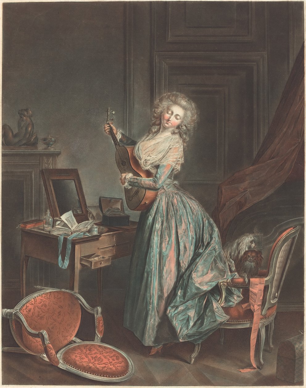 Kobieta grająca na gitarze, 1788-9, grawerowana przez Jean-François Janinet (akwaforta i sposób prania wydrukowane kolorowymi tuszami) autorstwa Niclas II Lafrensen
