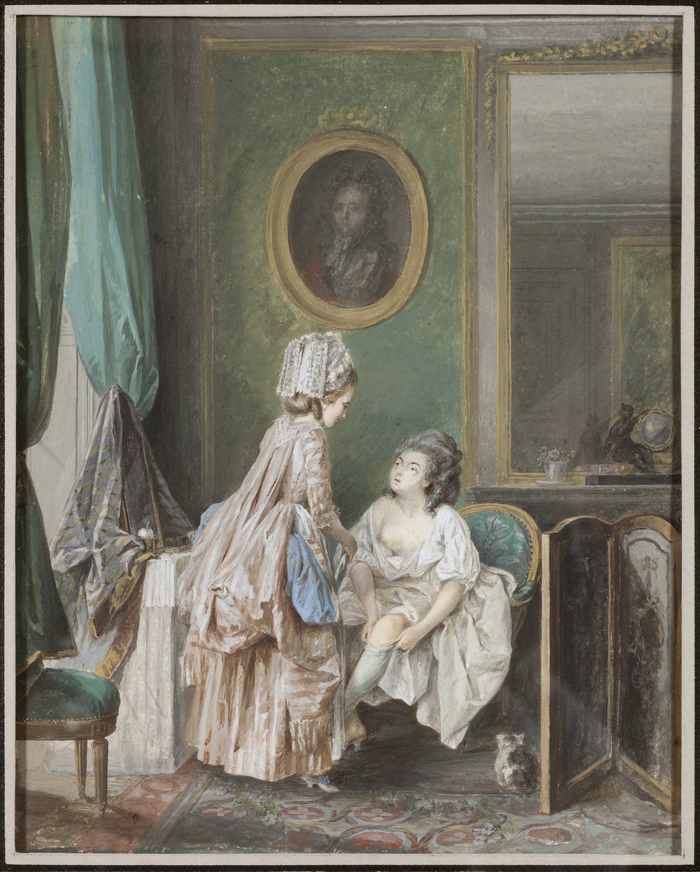 Kobieta ciągnąca pończochy - Kobieta ciągnąca pończochy, autorstwa Lafrensena, Niclas (Nicolas Lavreince) (1737-1807). Gwasz na papierze autorstwa Niclas II Lafrensen