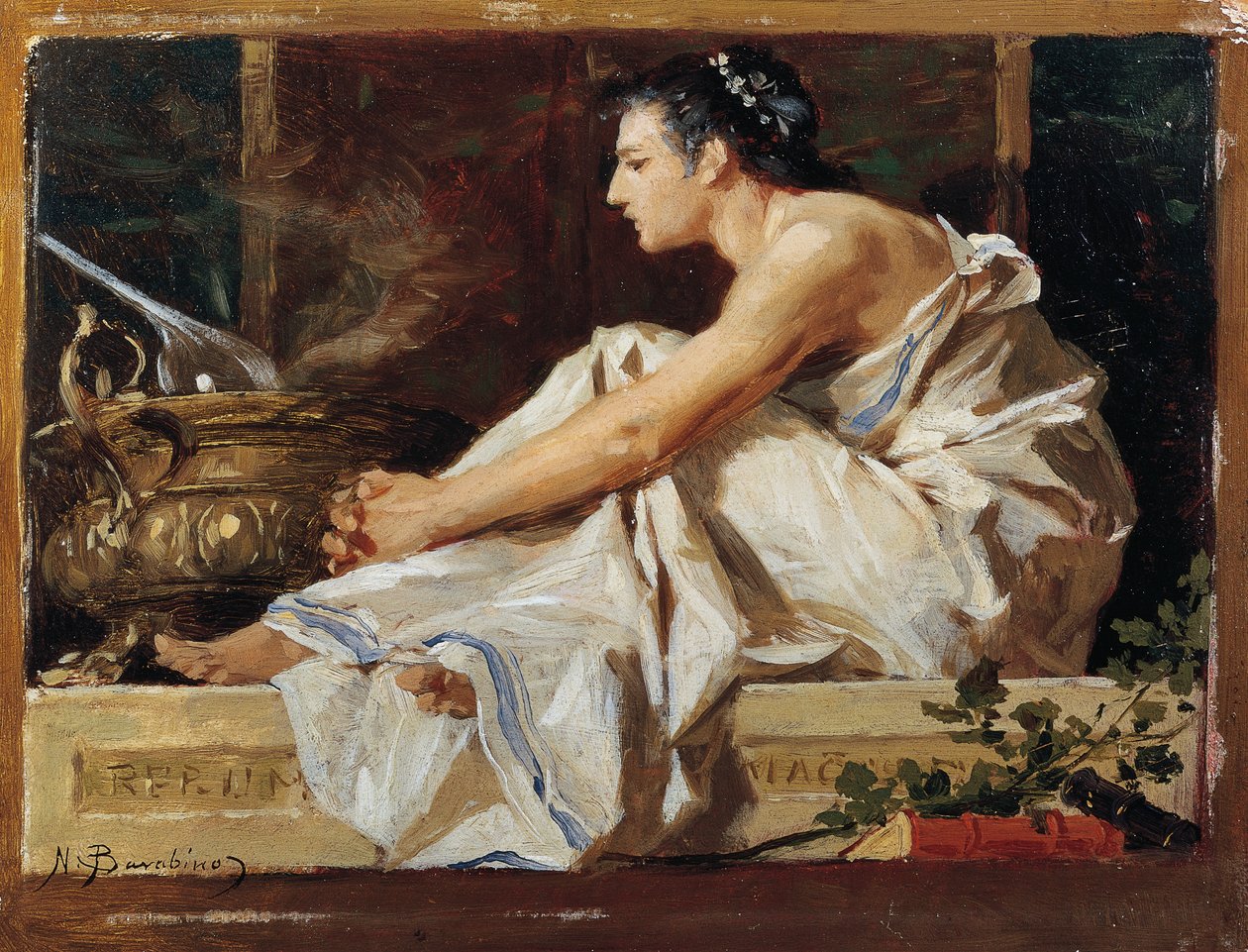 Studium do geografii, Nicolo Barabino (1832-1891), olej na desce autorstwa Nicolo Barabino