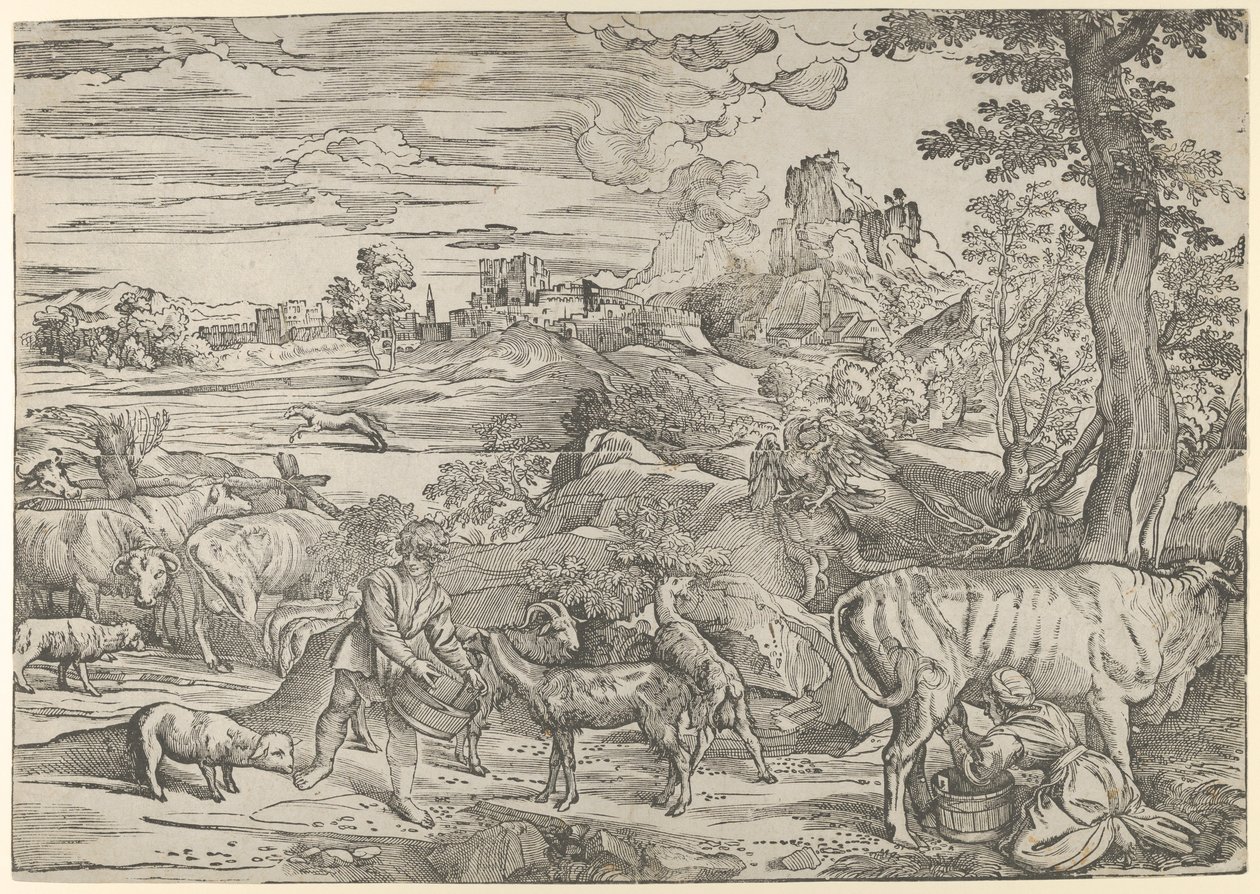 Pejzaż z dojarką po prawej i chłopcem po lewej, ca. 1535-40., ca. 1535-40. autorstwa Nicolò Boldrini