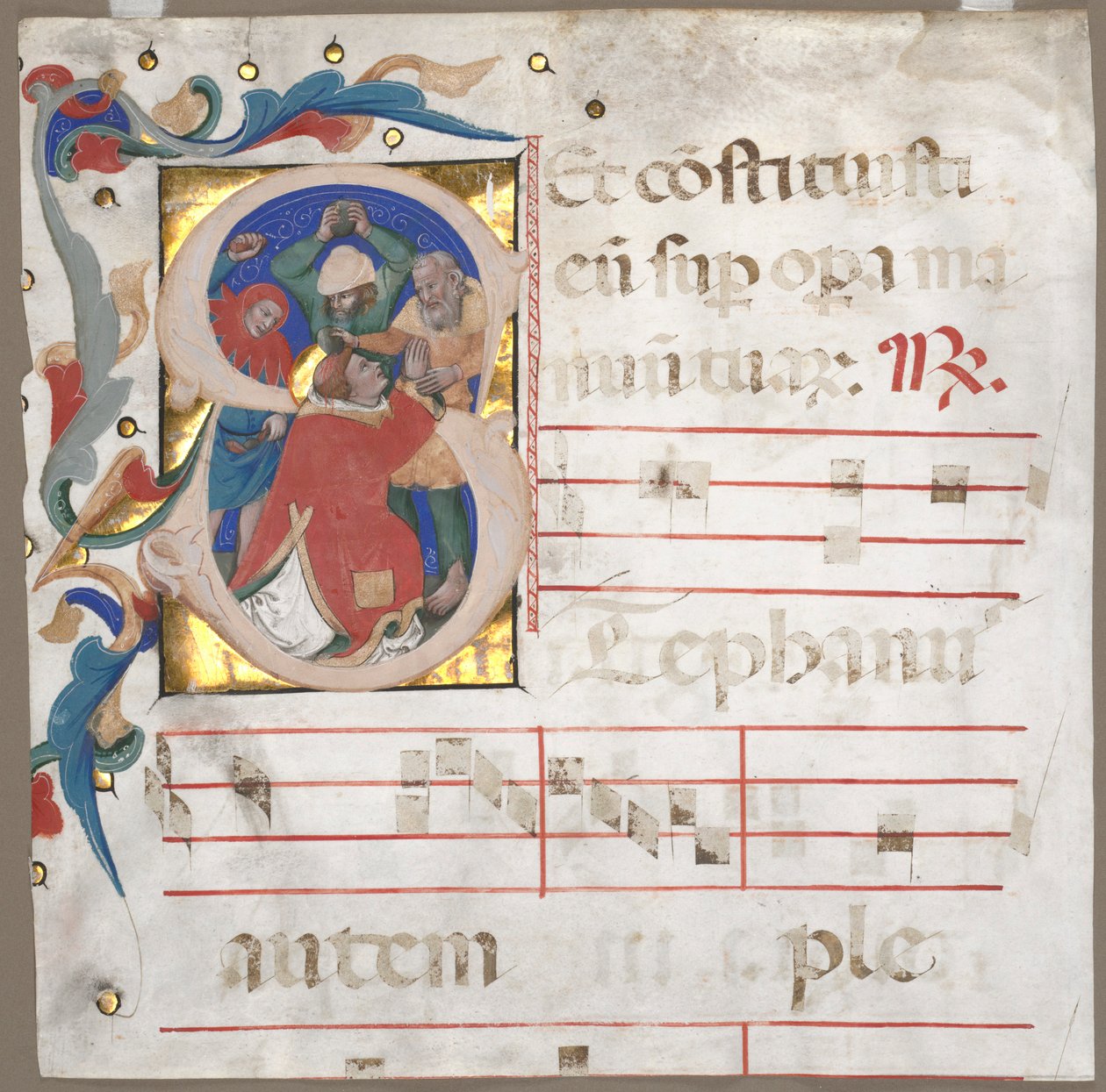 Fragment antyfonarza z historycznym inicjałem S: Ukamienowanie św. 1370-1372. autorstwa Nicolò da Bologna