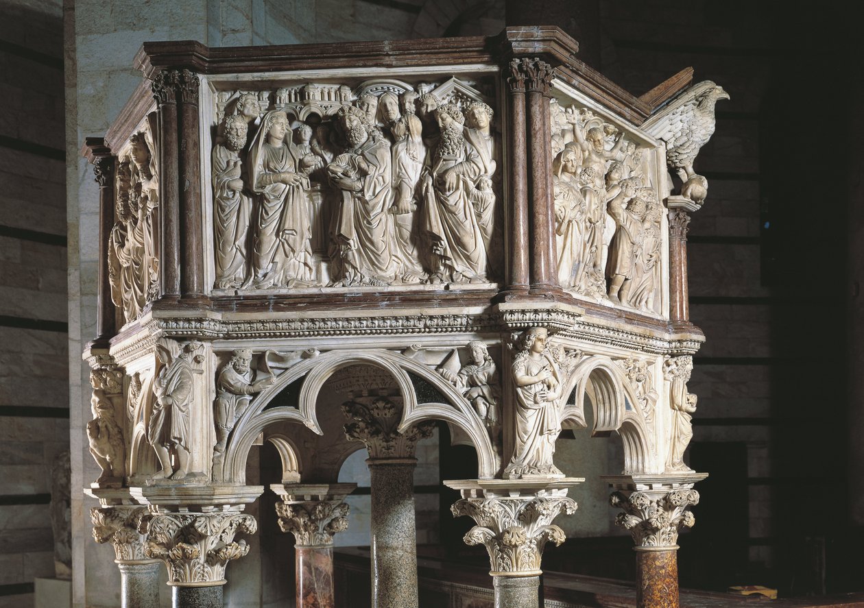 Włochy, Toskania, Piza, Piazza dei Miracoli, Baptysterium św. Jana, ambona autorstwa Nicola Pisano autorstwa Nicola Pisano