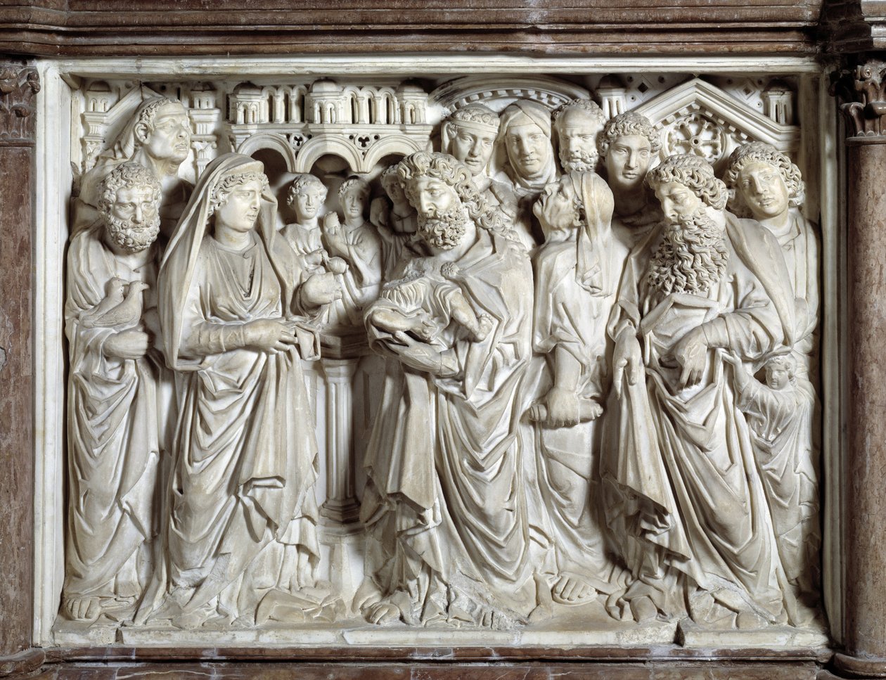Ofiarowanie Jezusa do świątyni (Prezentacja Jezusa do świątyni) Krzesło zrealizowane przez Nicola Pisano (1215/20-1278/84) (marmurowa ambona) 1260 Baptistere Saint John of Pisa (Battistero san Giovanni di Pisa), Włochy autorstwa Nicola Pisano