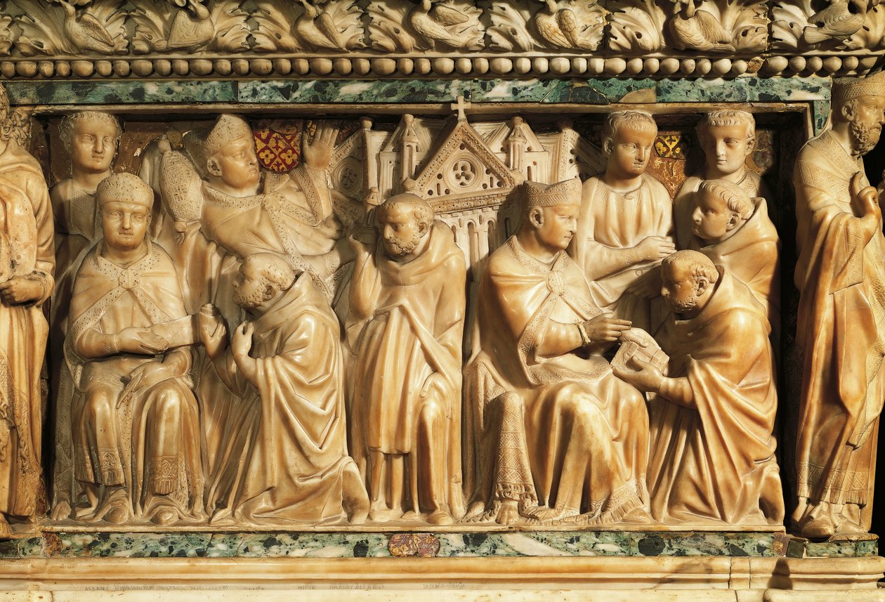 Relief przedstawiający zatwierdzenie Zakonu przez papieża Innocentego III autorstwa Nicola Pisano