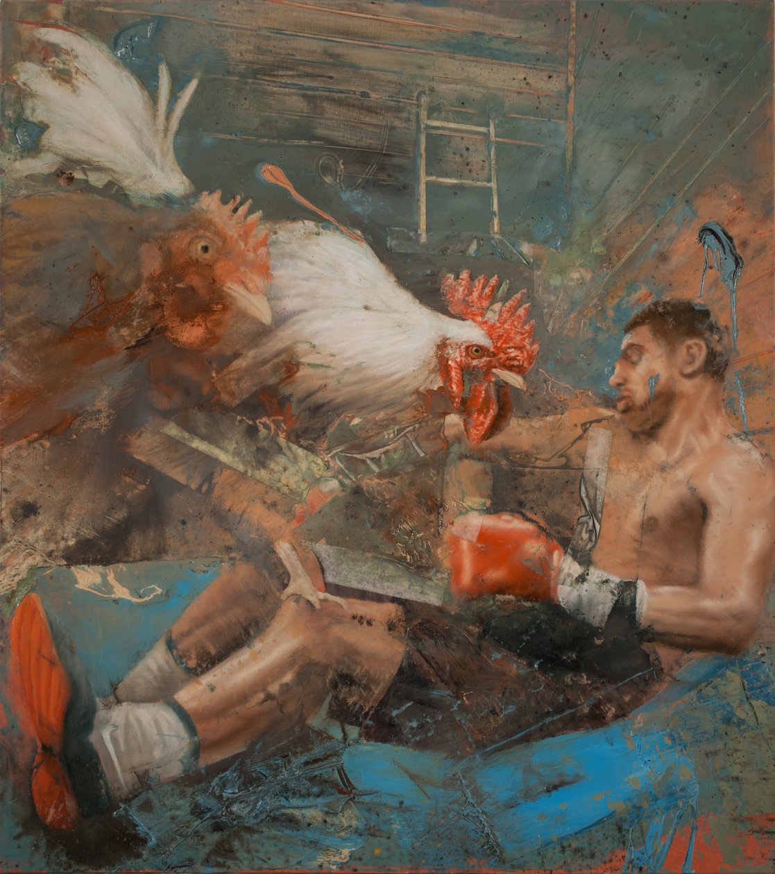 Bokser z kogutami, 2018 (olej na płótnie) autorstwa Nicola Pucci