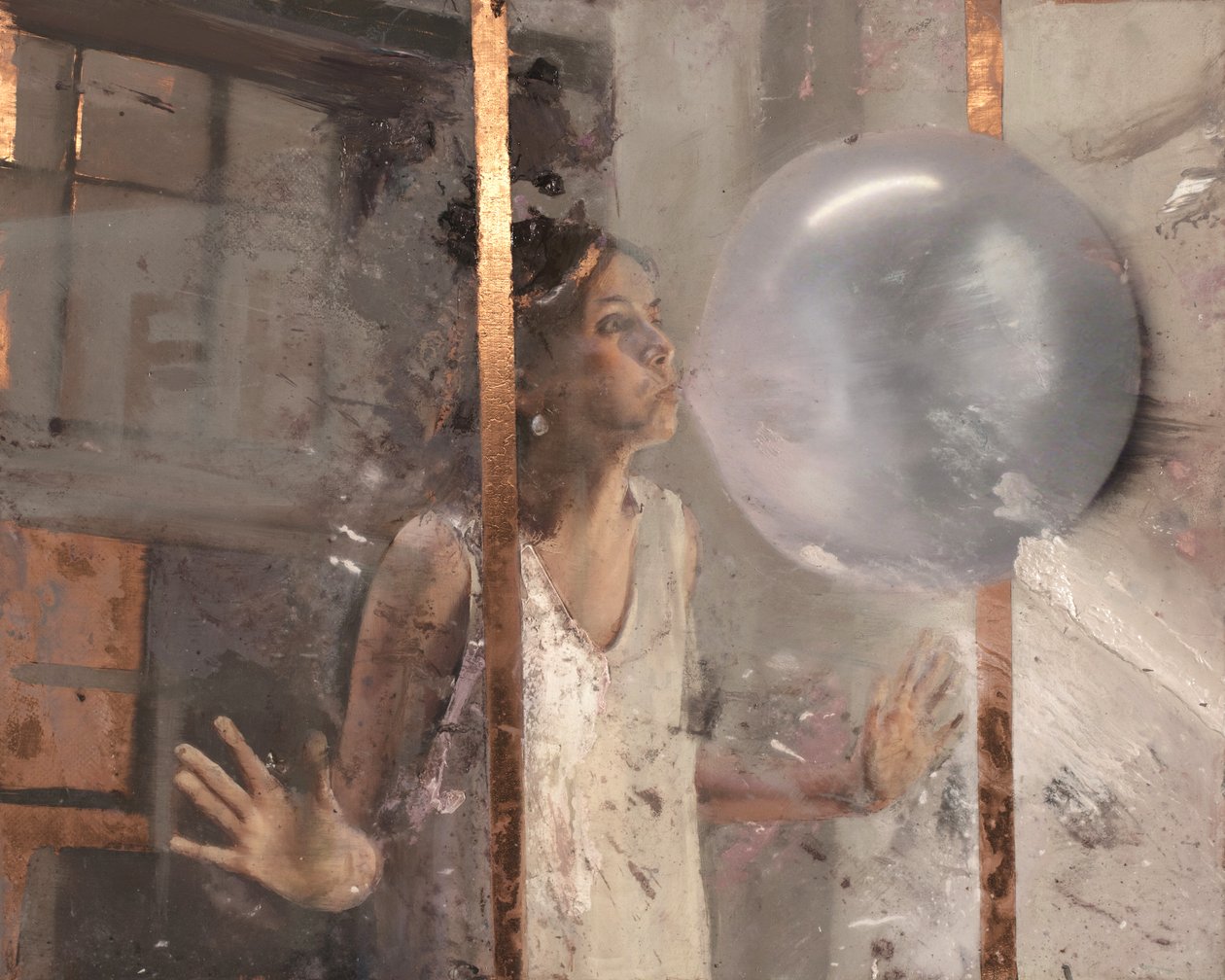 Bubble V (Dziewczyna za oknem), 2020 (olej na miedzi) autorstwa Nicola Pucci