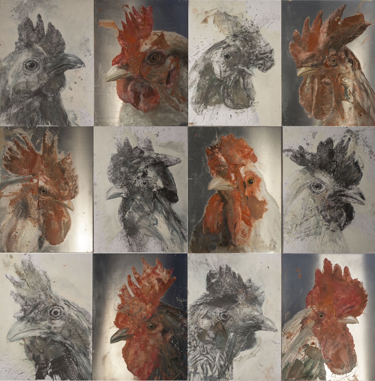Koguty z grilla, 2019 (olej na aluminium i grafit na papierze) autorstwa Nicola Pucci