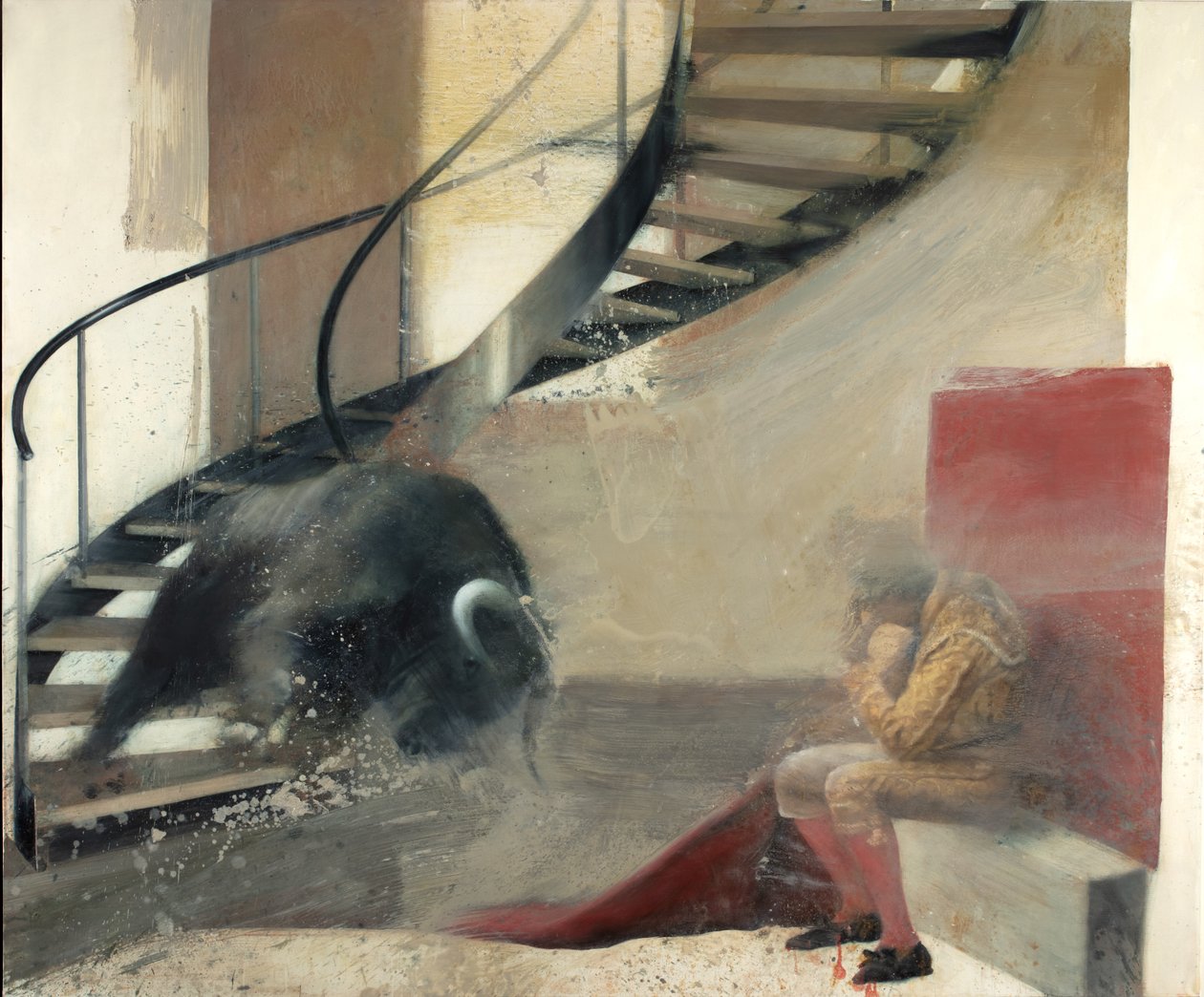 Byk na schodach z torreadorem I, 2013 (olej na płótnie) autorstwa Nicola Pucci