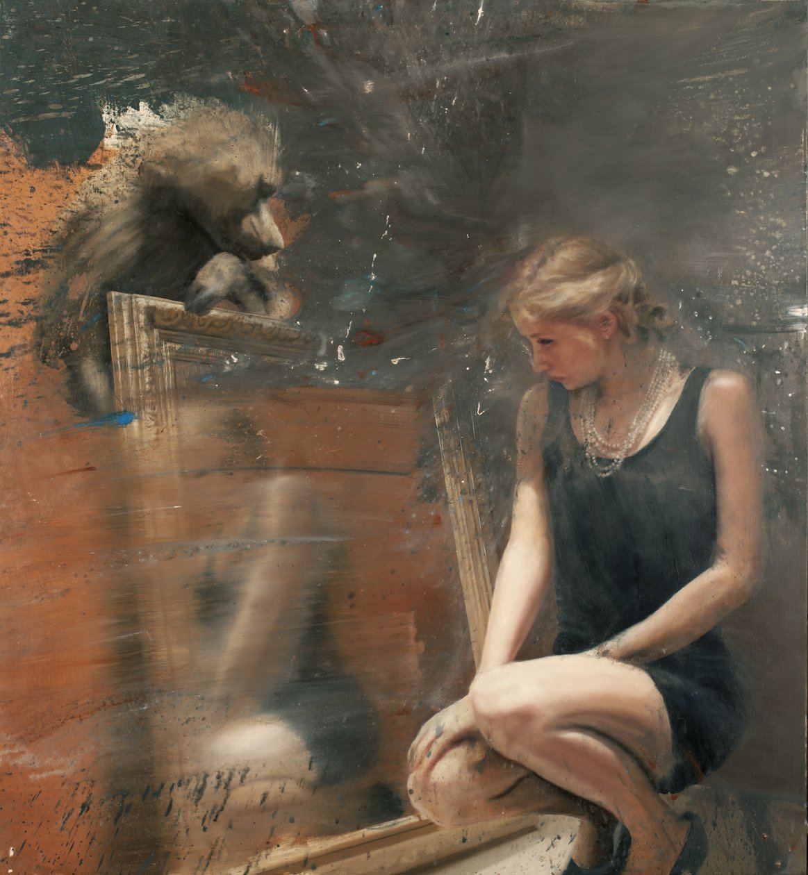 Kobieta w lustrze z pawianem, 2019 (olej na płótnie) autorstwa Nicola Pucci