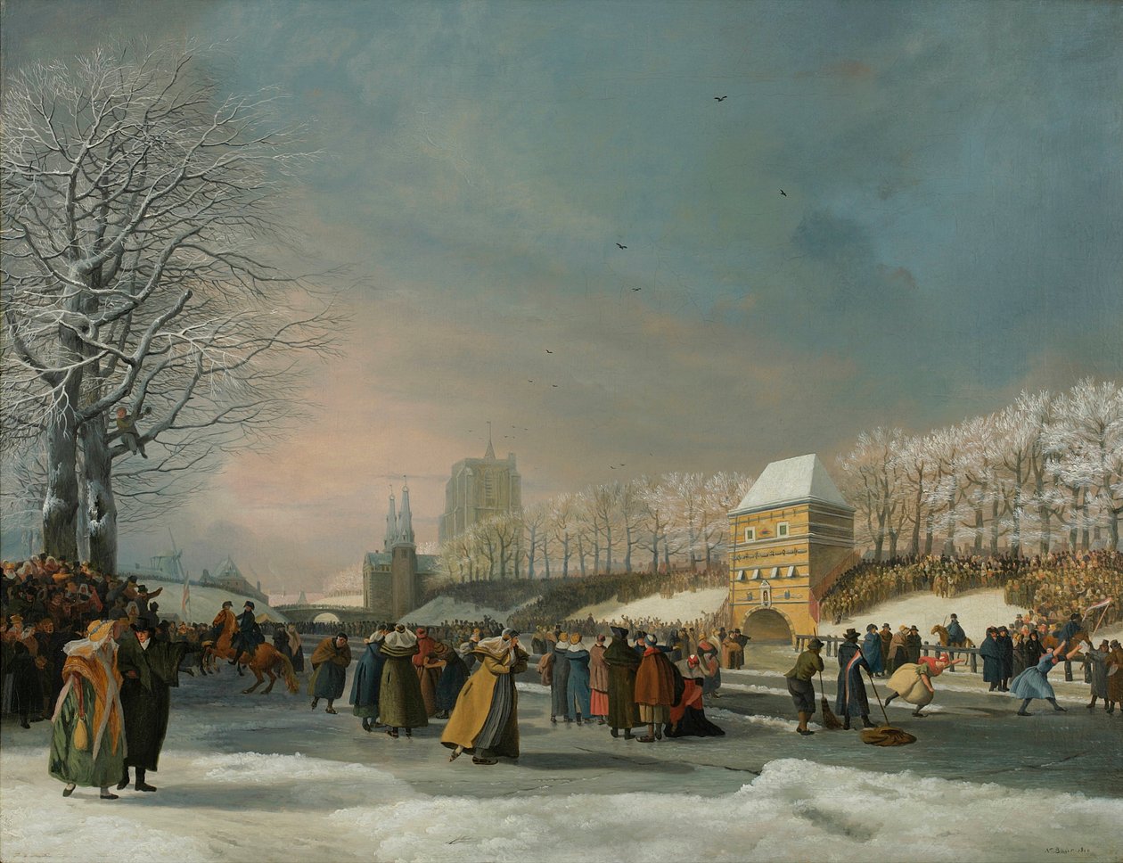 Wyścig kobiet w łyżwiarstwie szybkim na Westersingel w Leeuwarden, 21 stycznia 1809 r. autorstwa Nicolaas Baur