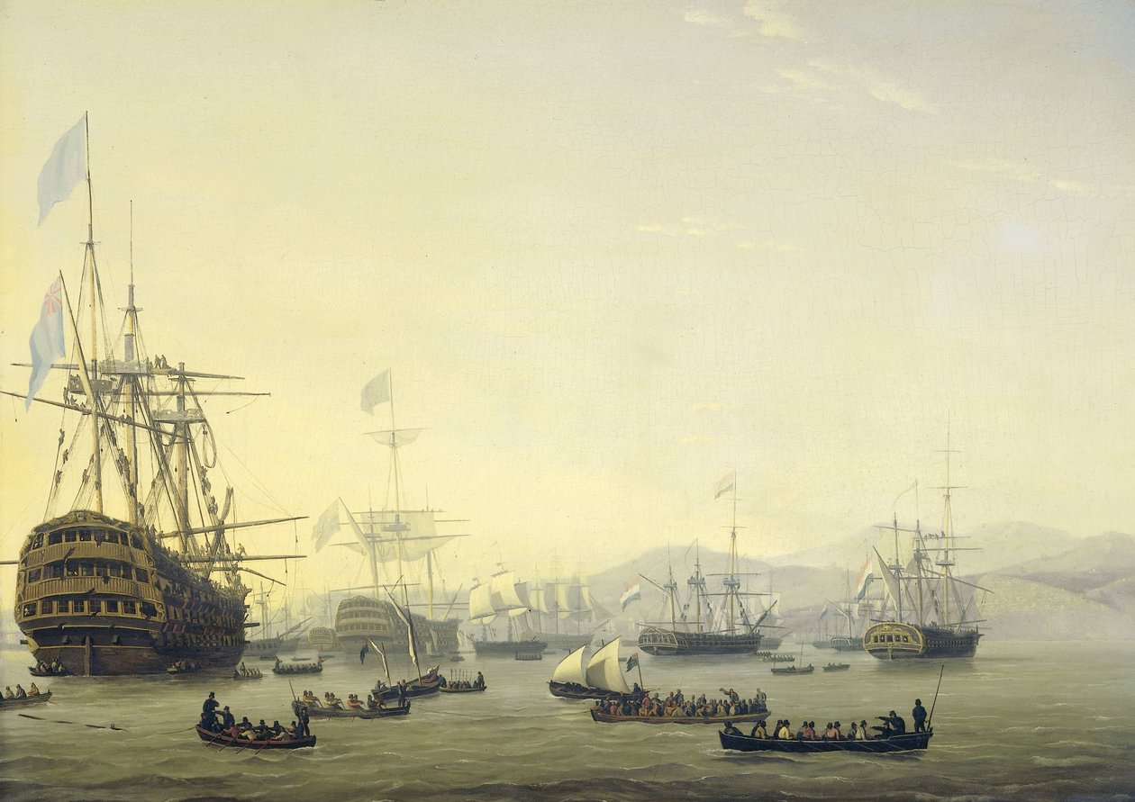 Rada Wojenna na pokładzie „Królowej Charlotte”, dowodzonej przez Lorda Exmouth, przed bombardowaniem Algieru, 26 sierpnia 1816 Cztery epizody podczas obecności floty angielsko-holenderskiej w Zatoce Algierskiej, 26-27 sierpnia 1816 (tytuł serii) autorstwa Nicolaas Baur