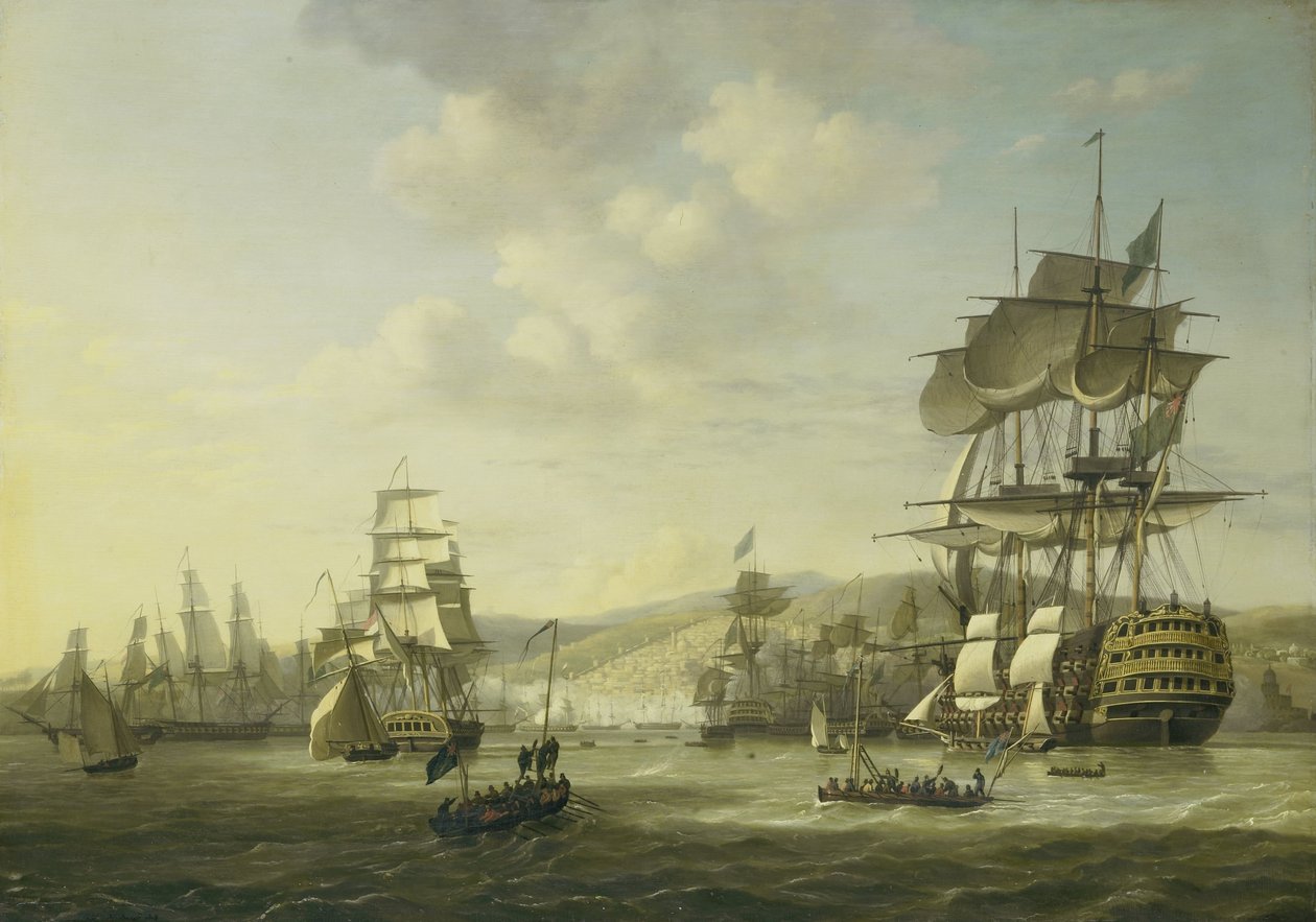 Flota angielsko-holenderska w Zatoce Algierskiej Wspieranie ultimatum w celu uwolnienia chrześcijańskich niewolników, 26 sierpnia 1816 Cztery epizody podczas obecności floty angielsko-holenderskiej w Zatoce Algierskiej, 26-27 sierpnia 1816 (tytuł serii) autorstwa Nicolaas Baur