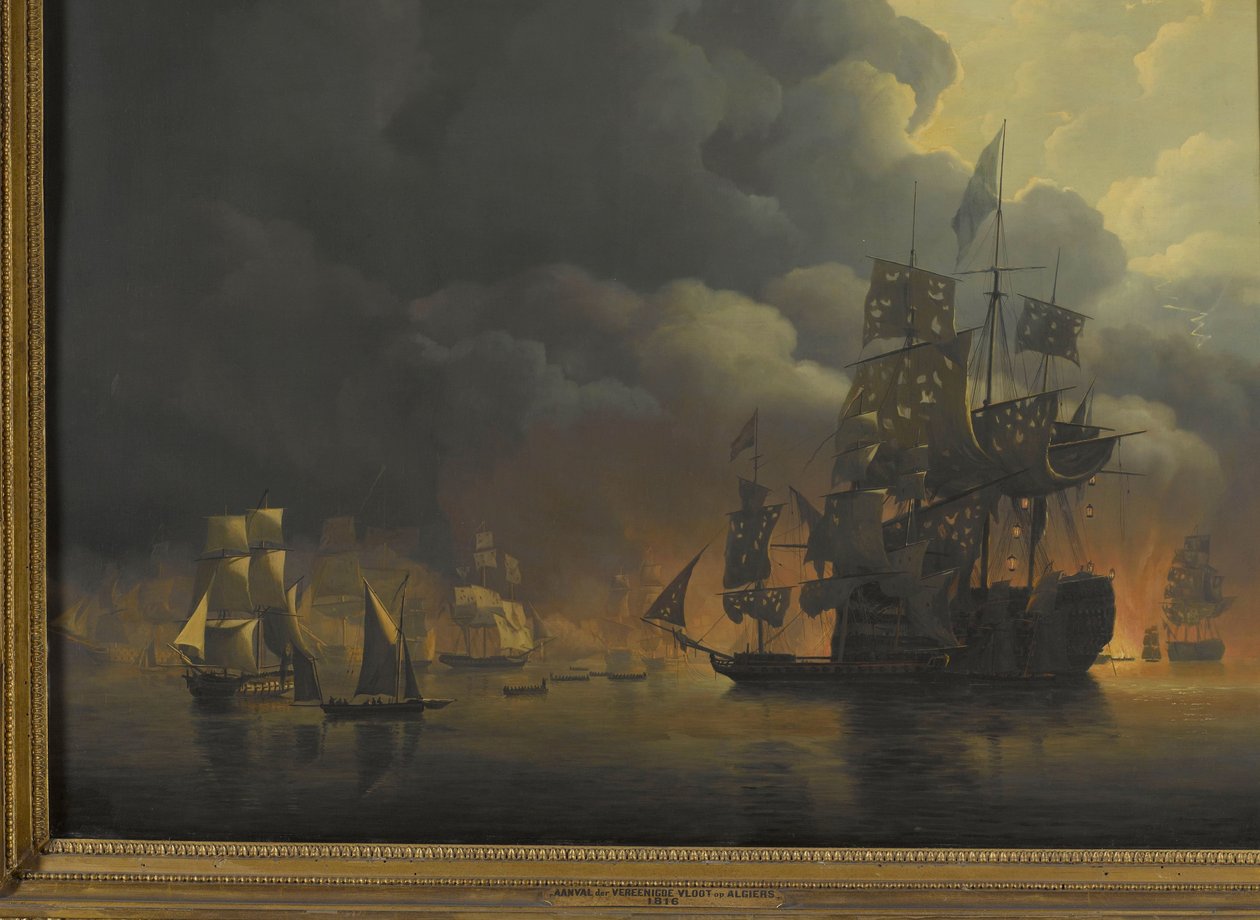 Anglo-holenderska flota pod dowództwem Lorda Exmoutha i wiceadmirała Jonkheera Theodorusa Frederika van Capellena wyganiająca algierskie twierdze, 27 sierpnia 1816 r. Cztery epizody podczas obecności floty angielsko-holenderskiej w Zatoce Algierskiej, 26-2 autorstwa Nicolaas Baur