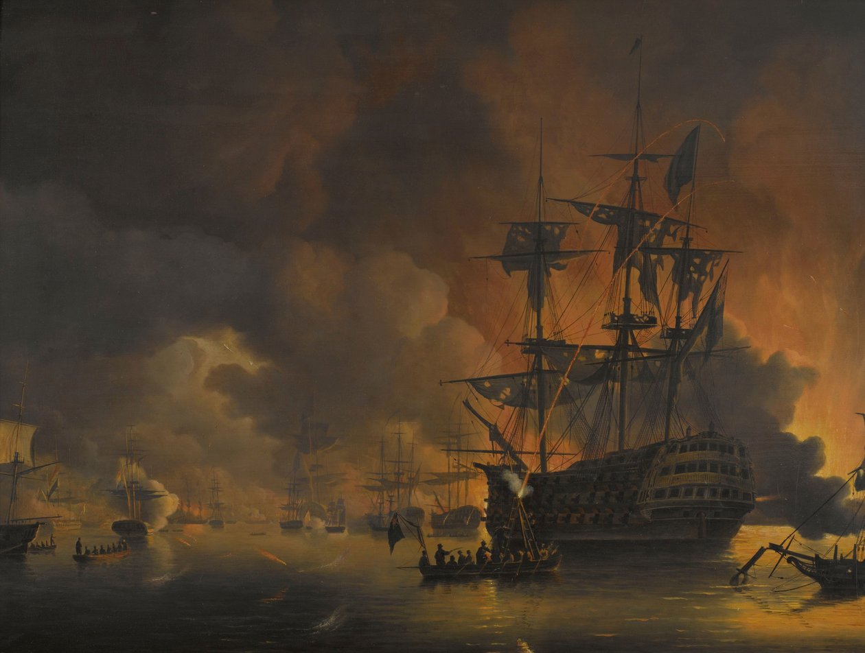 Pożar na nabrzeżach Algieru, wkrótce po rozpoczęciu bombardowania przez flotę angielsko-holenderską, 27 sierpnia 1816 Cztery epizody podczas obecności floty angielsko-holenderskiej w Zatoce Algierskiej, 26-27 sierpnia 1816 (tytuł serii) autorstwa Nicolaas Baur