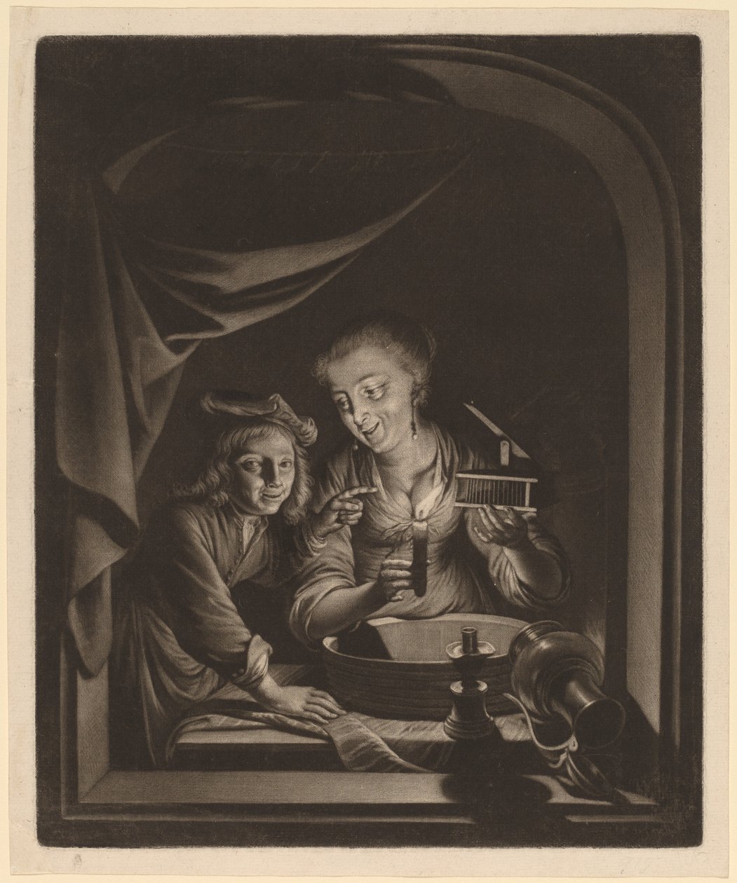 Pokojówka z pułapką na myszy autorstwa Nicolaas Verkolje after Gerrit Dou