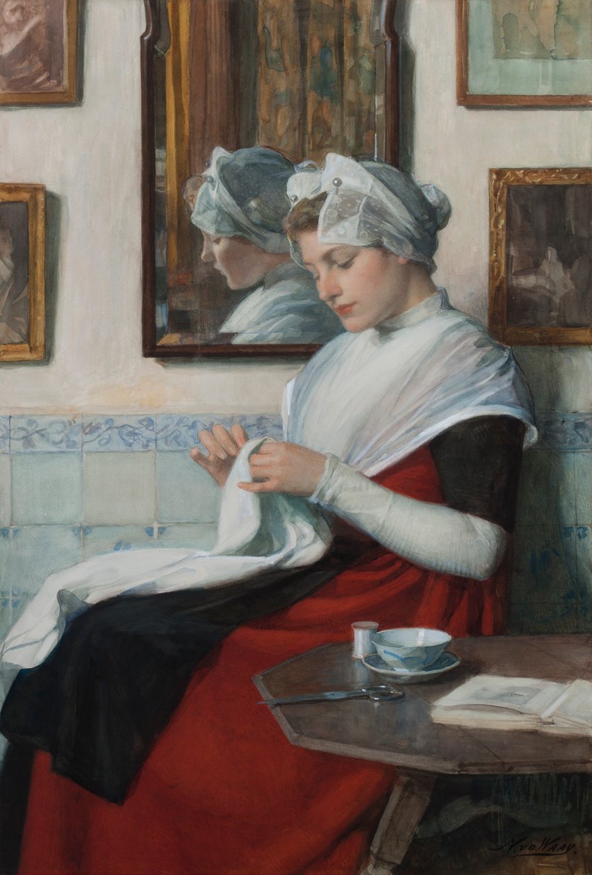 Szycie sieroty z Amsterdamu, ok. 1890 (toaleta ułożona na tekturze) autorstwa Nicolaas van der Waay