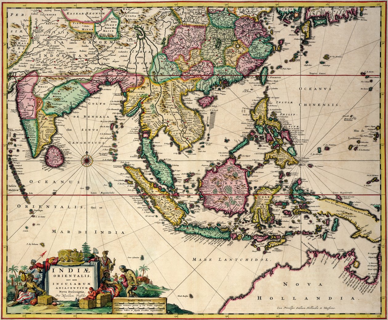 Mapa ogólna rozciągająca się od Indii i Cejlonu do północno-zachodniej Australii poprzez południową Japonię, Filipiny, Półwysep Malajski i archipelag indonezyjski autorstwa Nicolaes Jansz Visscher