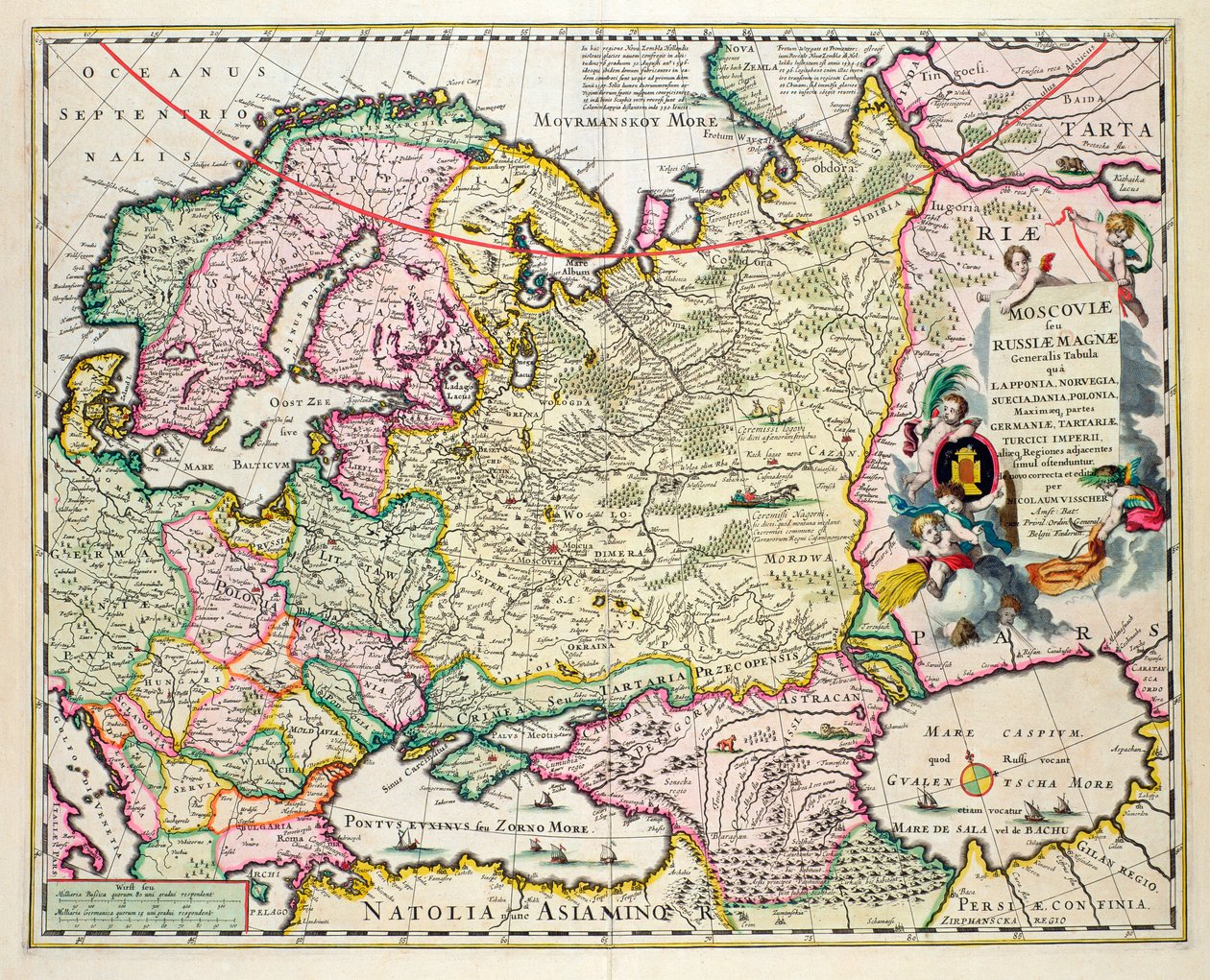 Mapa Azji Mniejszej przedstawiająca Norwegię, Szwecję, Danię, Laponię, Polskę, Turcję, Rosję i region moskiewski, ok. 1626 (ręcznie kolorowane tablice grawerujące) autorstwa Nicolaes Jansz Visscher