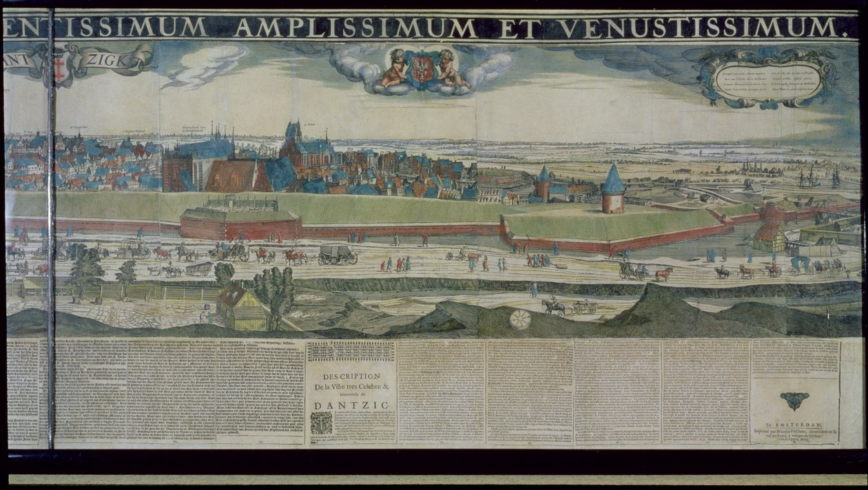 Panorama Gdańska z Biskupiej Górki, 1643 (akwaforta kolorowa na papierze wzmocnionym płótnem) autorstwa Nicolaes Jansz Visscher