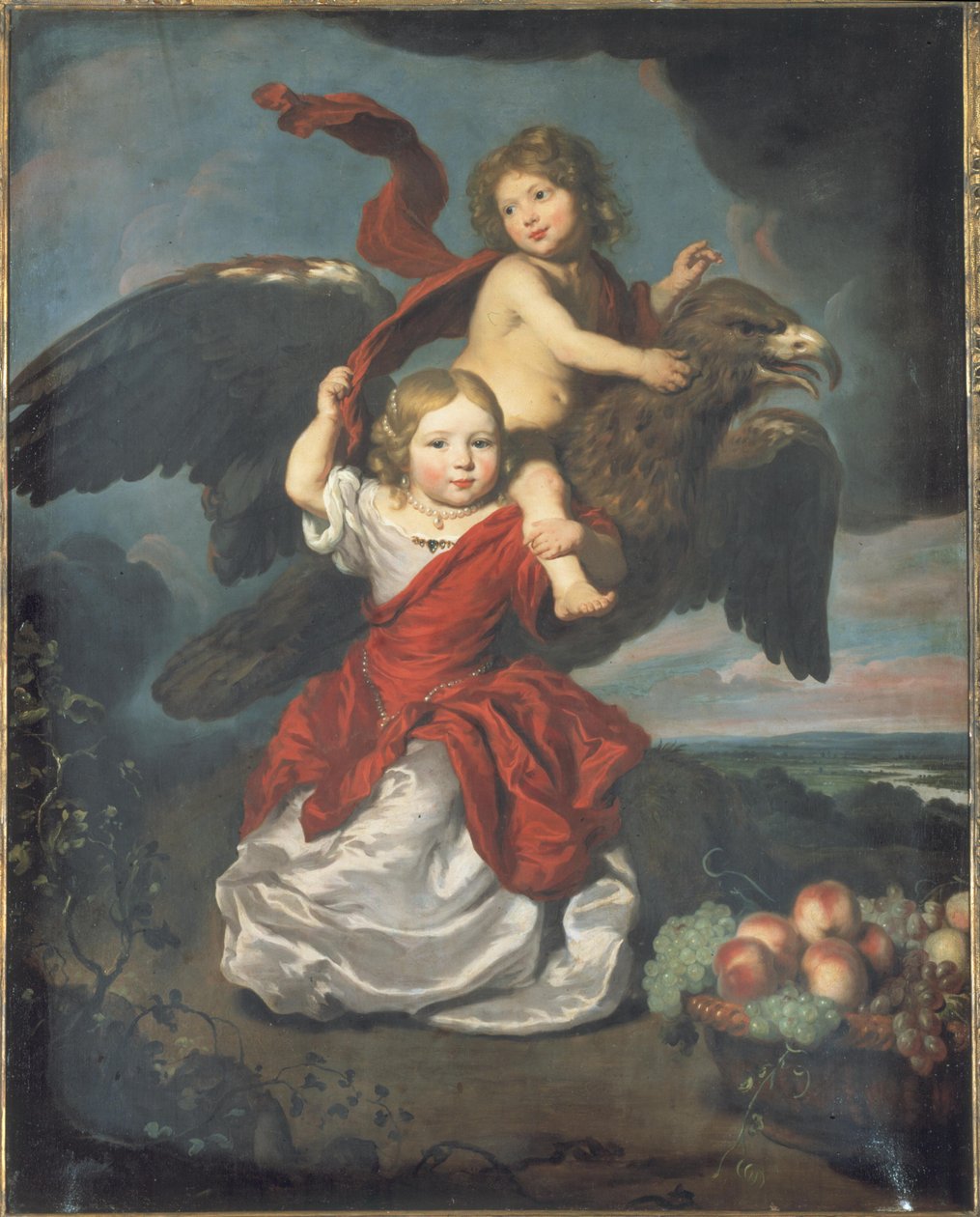 Podwójny portret chłopca i dziewczynki jako Ganimedes i Hebe w pejzażu autorstwa Nicolaes Maes