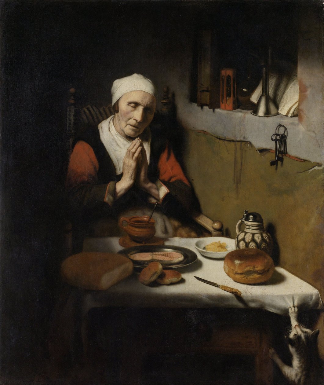 Stara kobieta odmawiająca łaskę, znana jako „Modlitwa bez końca”, ok. 1656 r. autorstwa Nicolaes Maes
