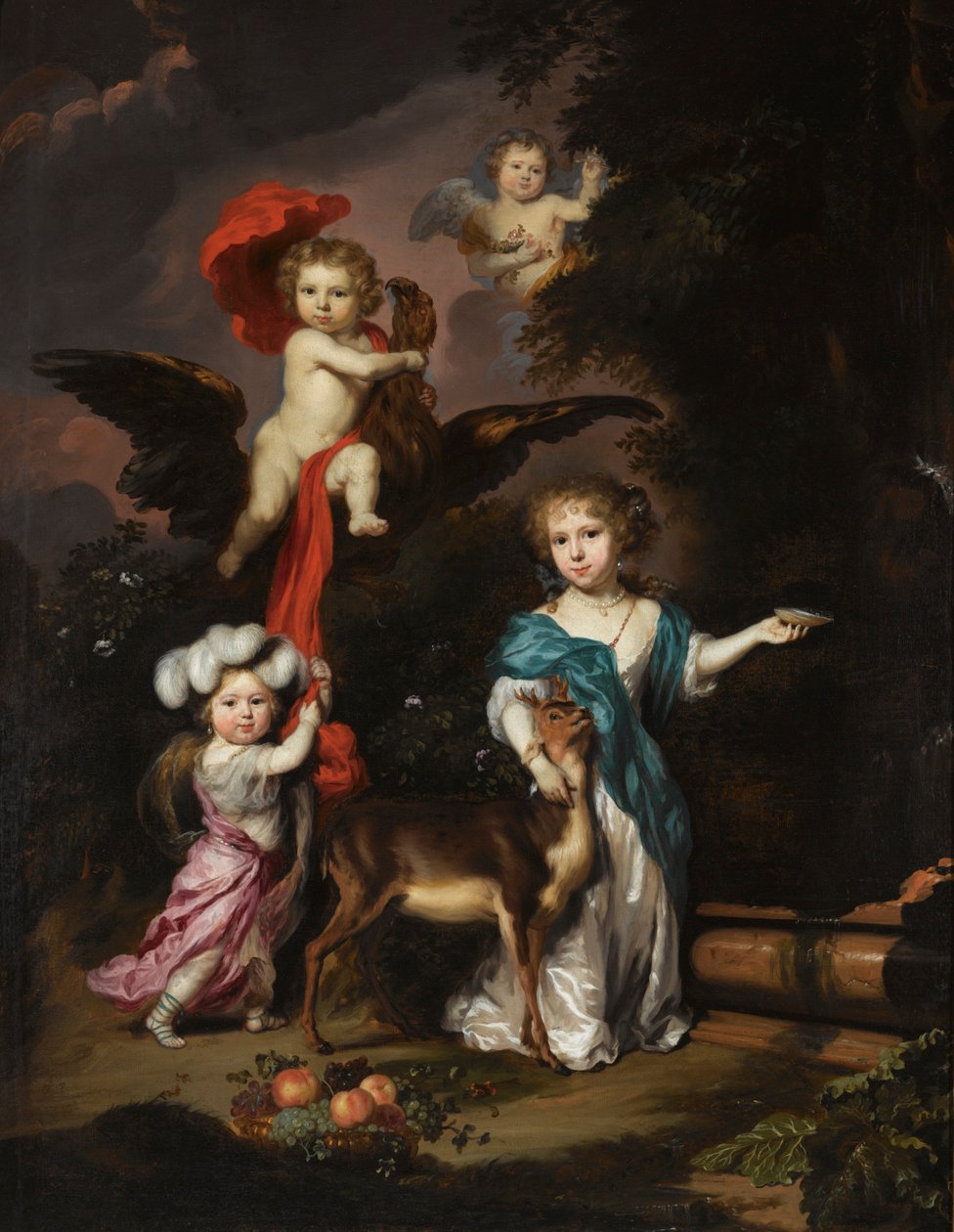 Portret czworga dzieci jako Ceres, Ganimedes, cherubin i Diana autorstwa Nicolaes Maes