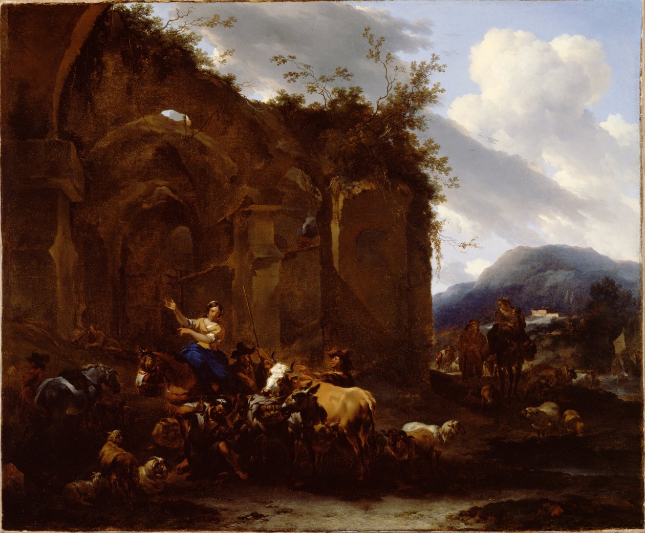 Kowal i chłopi w pobliżu rzymskich ruin autorstwa Nicolaes Pietersz. Berchem