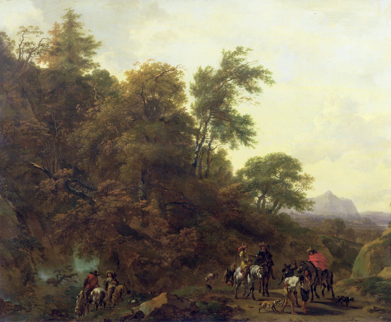 Zalesiony krajobraz z żołnierzami eskortującymi więźniów, 1656 autorstwa Nicolaes Pietersz. Berchem
