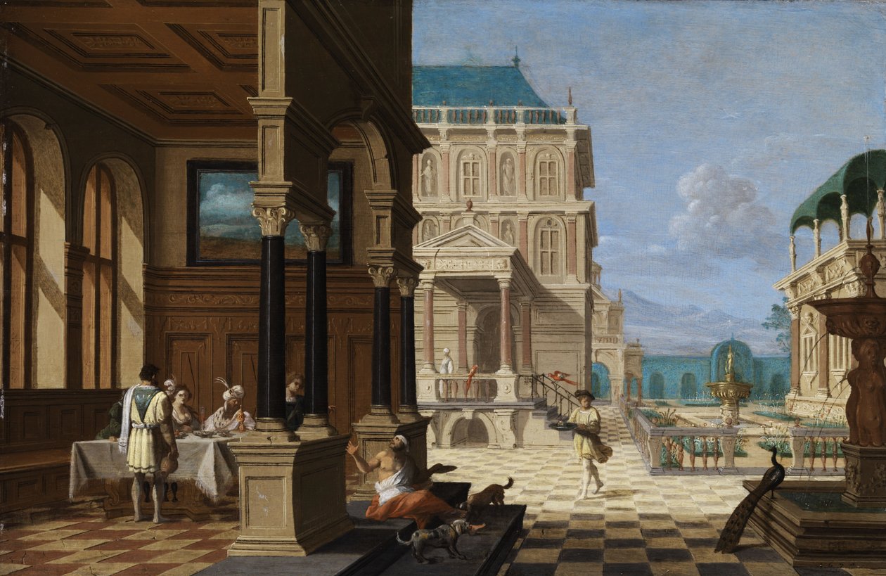 Dziedziniec pałacowy z loggią i figurami autorstwa Nicolaes de Giselaer
